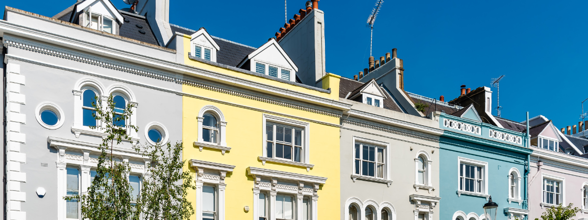 A colourful row of period properties in Notting Hill London