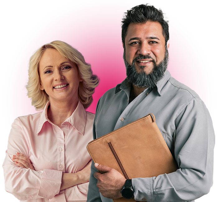 Two landlords stand proudly against a pink gradient background